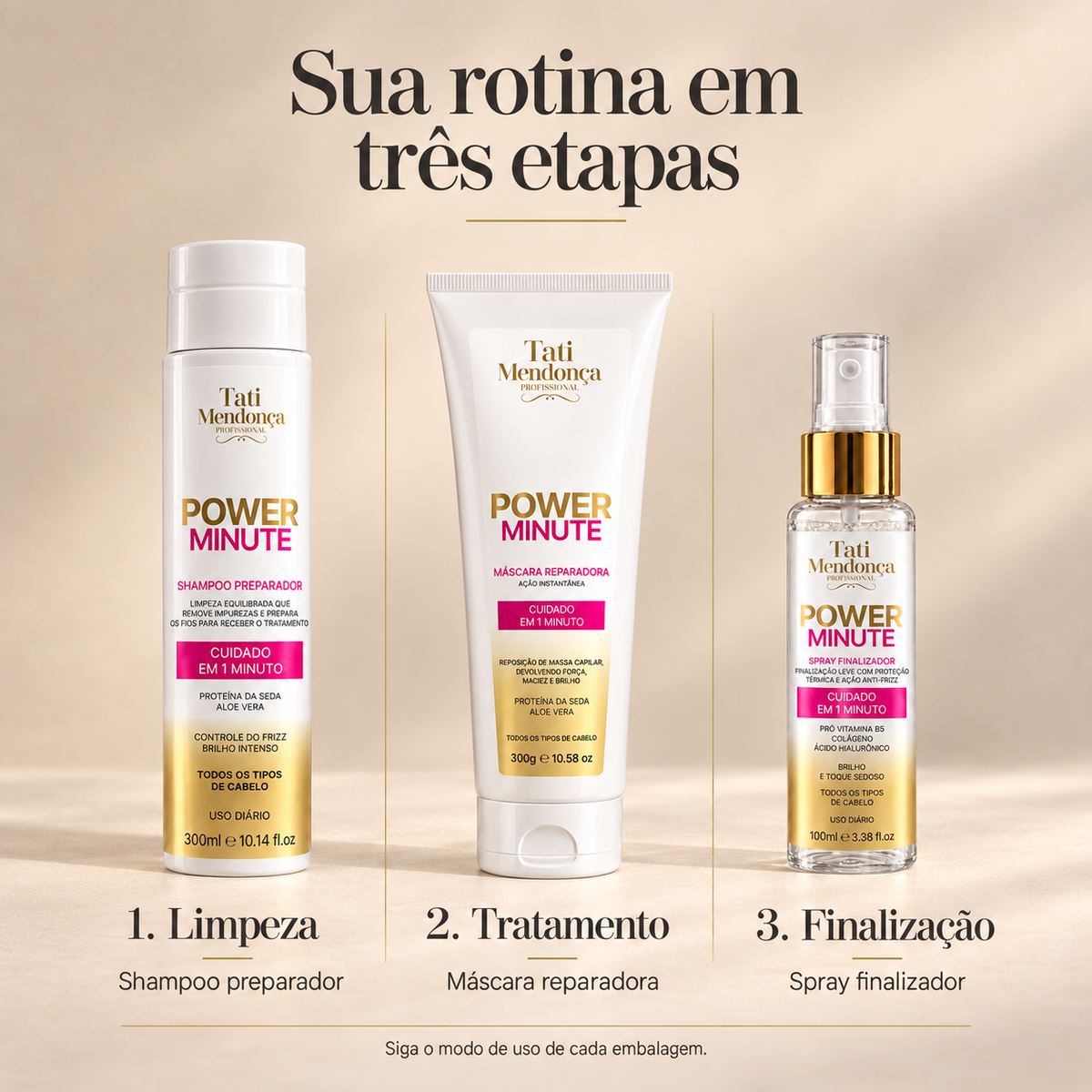Power Minute — Shampoo, Máscara e Spray Finalizador