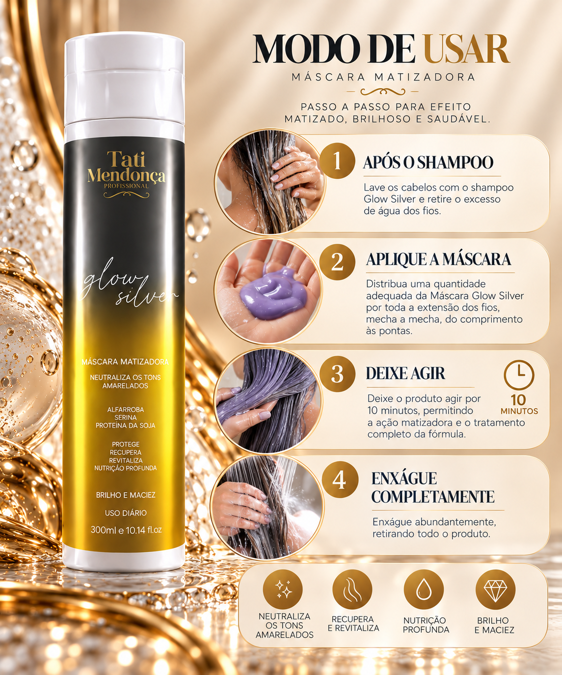 Máscara Matizadora Glow Silver – Neutralização dos Tons Amarelados, Nutrição e Brilho 300 ml