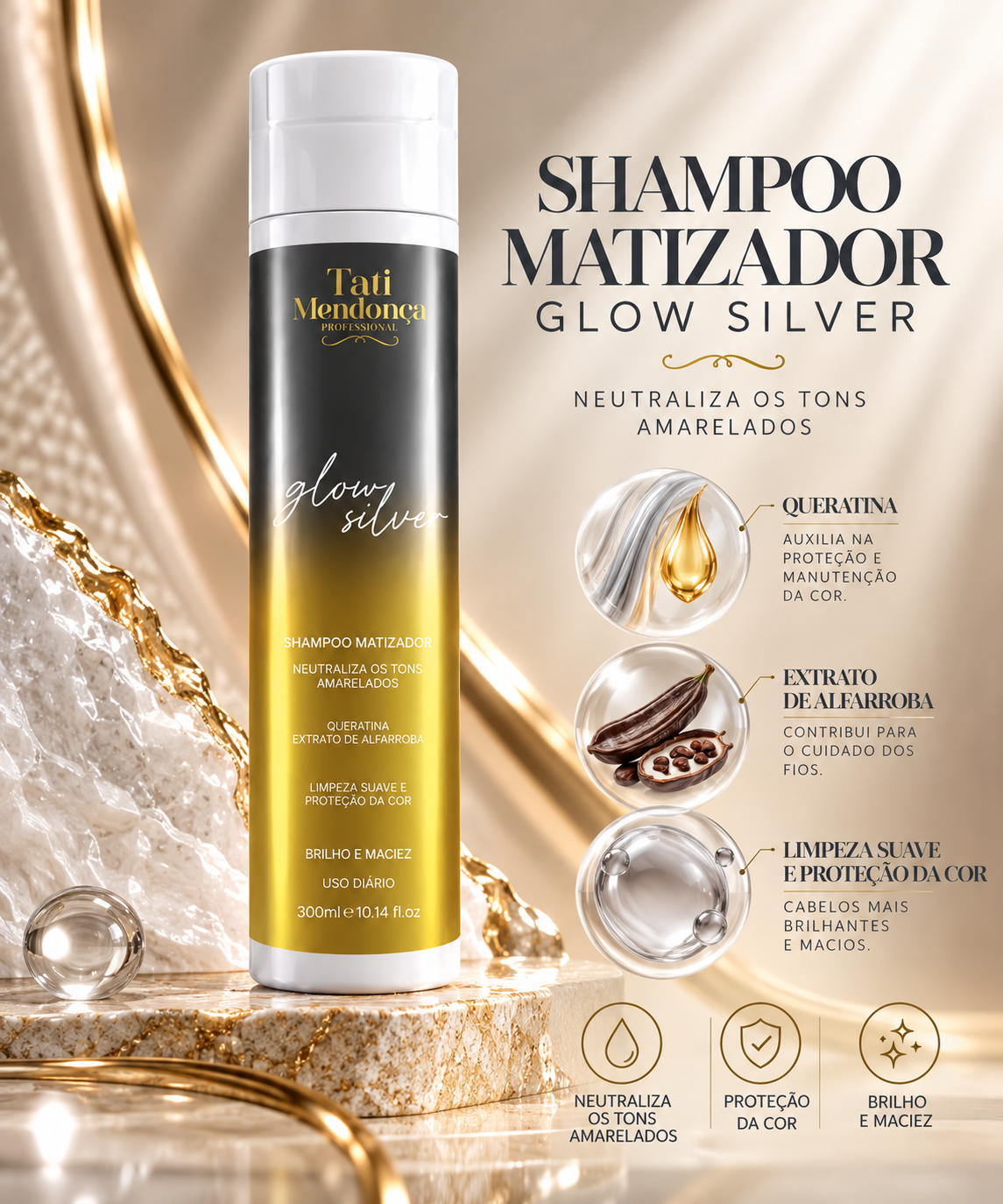Shampoo Matizador Glow Silver – Neutraliza Tons Amarelados em Cabelos Brancos e Grisalhos 300 ml