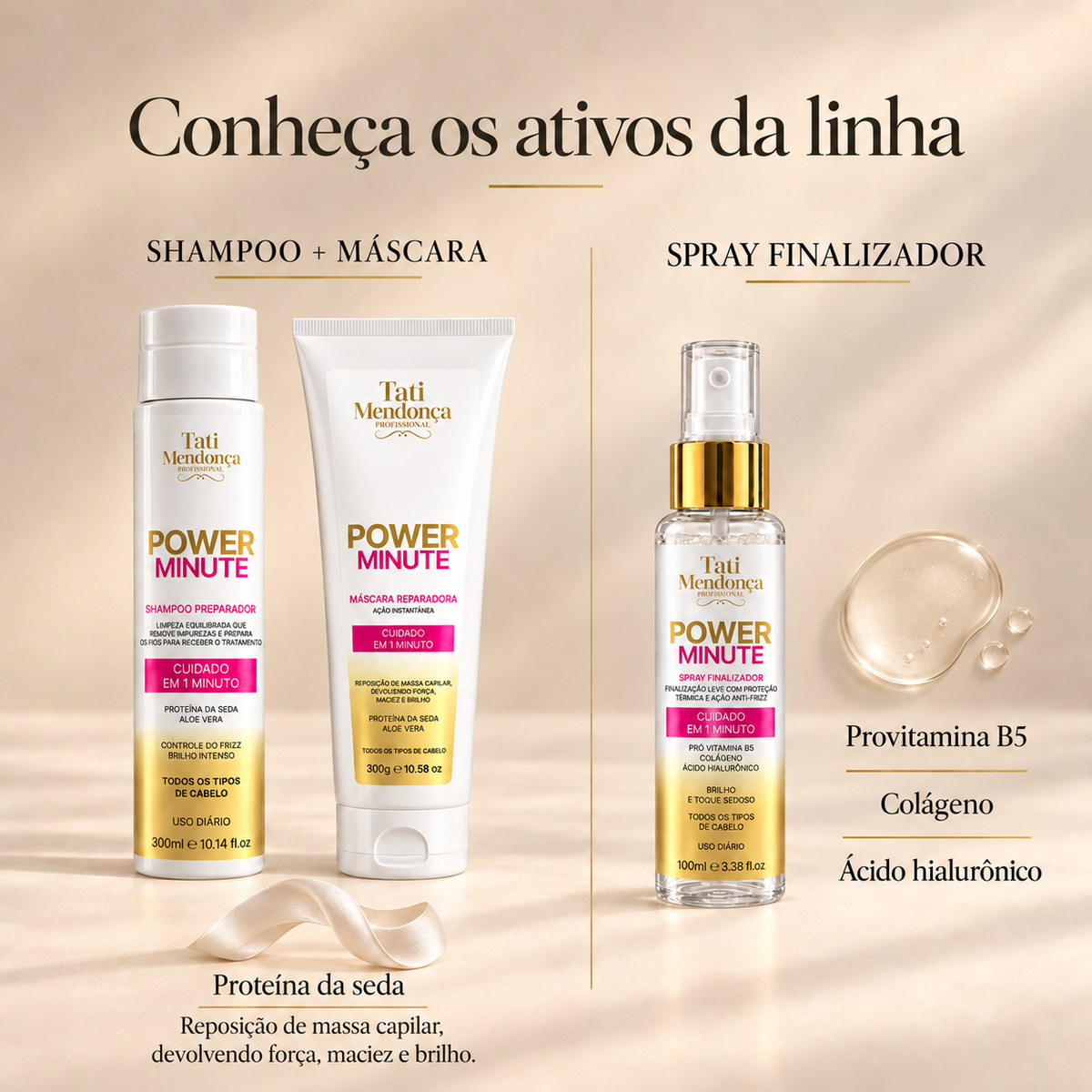 Power Minute — Shampoo, Máscara e Spray Finalizador
